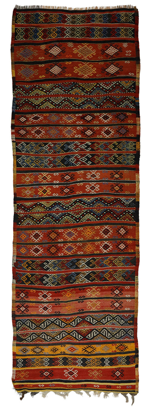 Peninsula Kilim Rug,Turkish Anatolian Kilim Rug 10,56 ft. X 2,56 ft. ( 322 cm X 78 cm)